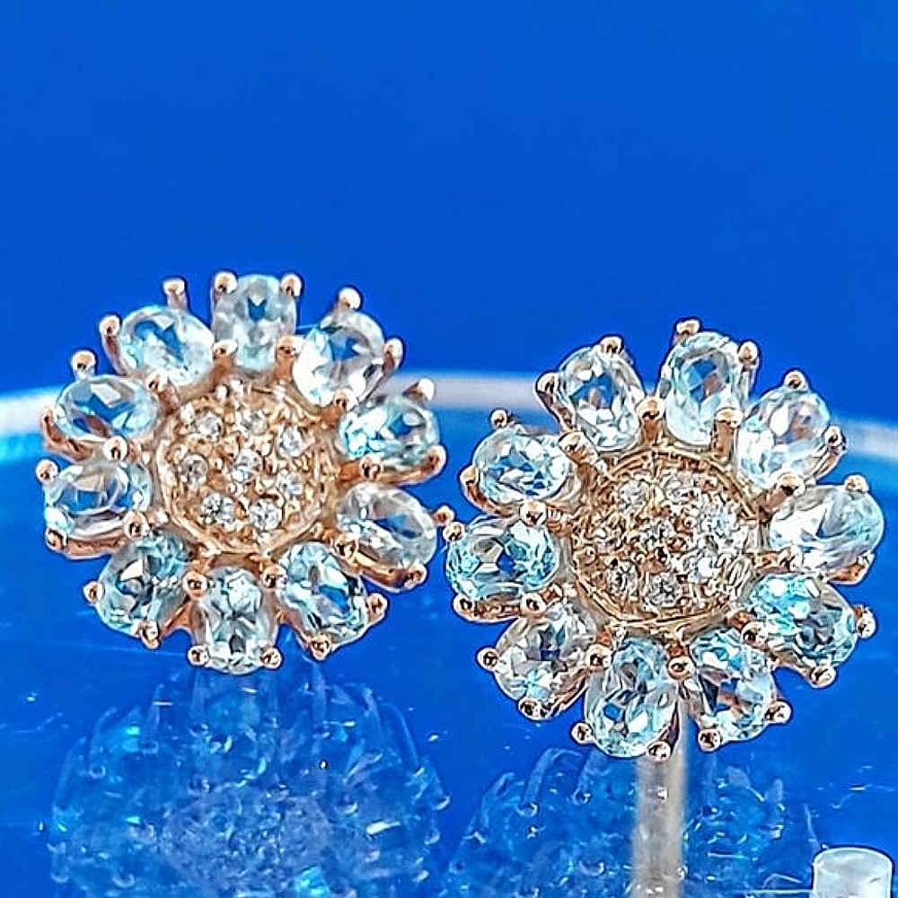 GENUINE SKY BLUE TOPAZ & WHITE CZ STERLING 925 SILVER FLOWER EARRINGS
